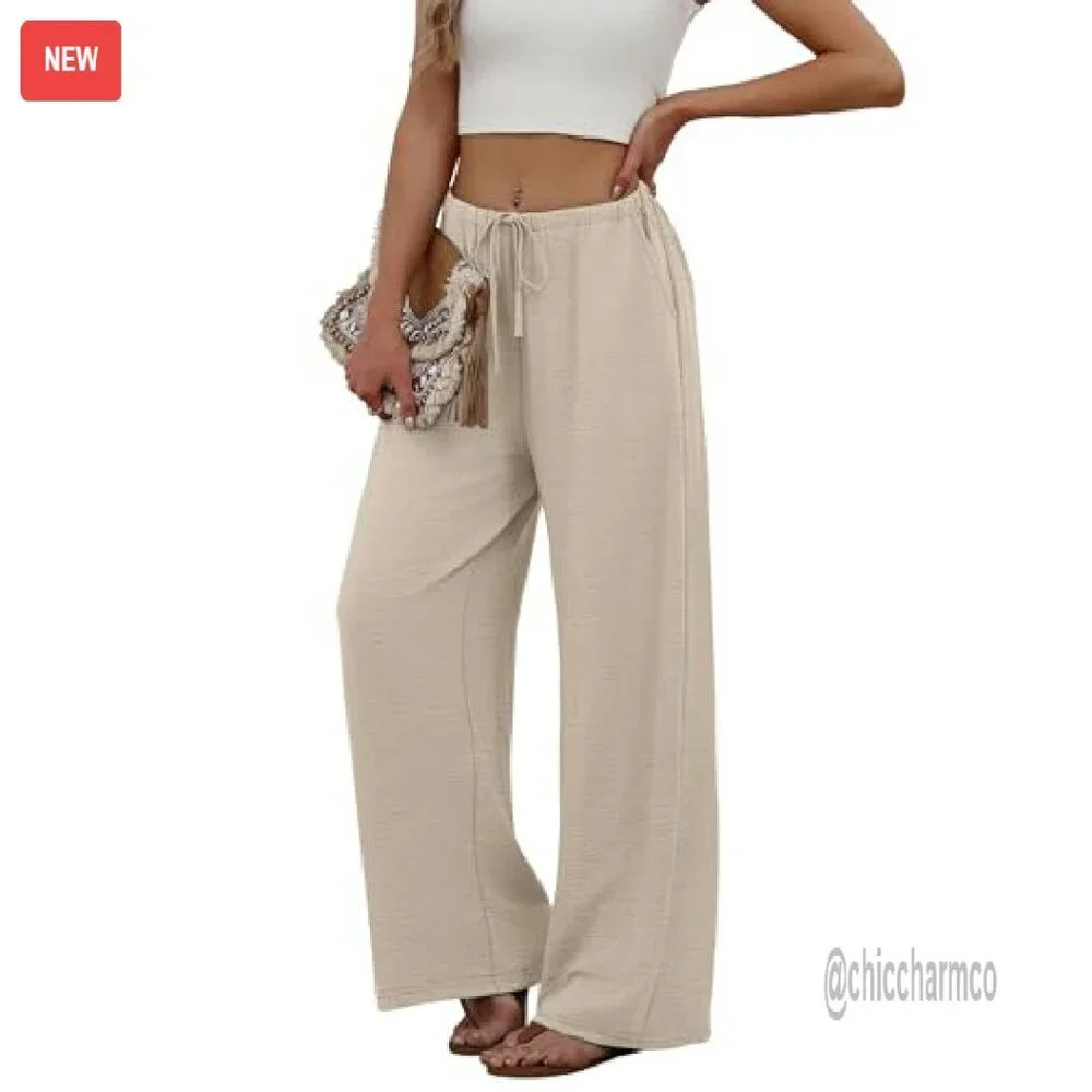 Wide Leg Palazzo Pants with Pockets Drawstring Elastic Waist Flowy Trousers - Picture 5 of 8